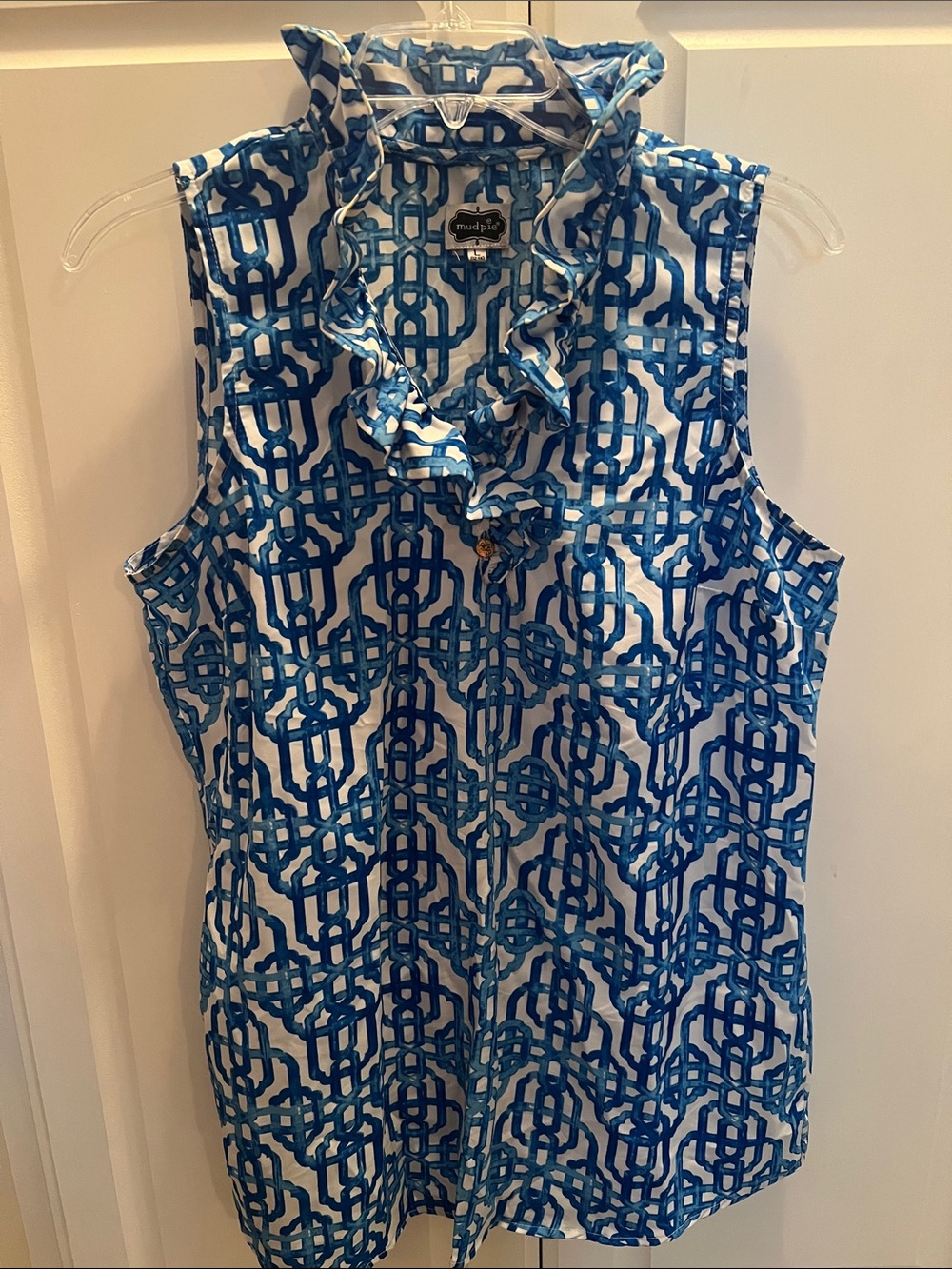 Mud Pie Blue Geometric Ruffle Neck Top